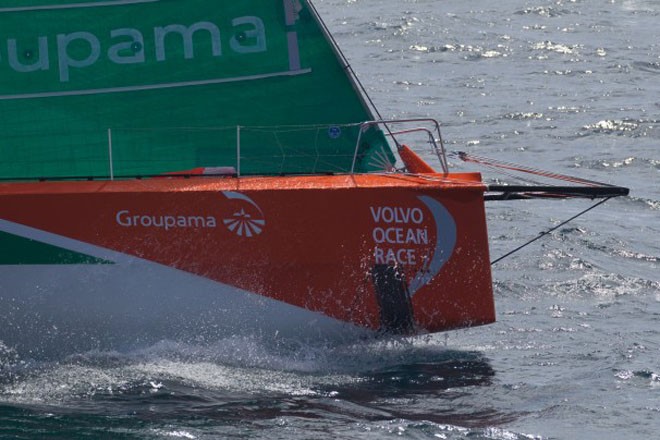 Groupama Sailing Team, skippered by Franck Cammas from France, show signs of damage to their hull, which has caused a leak onboard - Volvo Ocean Race 2011-12 © Ian Roman/Volvo Ocean Race http://www.volvooceanrace.com